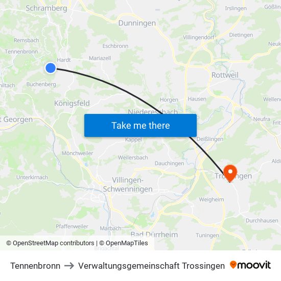 Tennenbronn to Verwaltungsgemeinschaft Trossingen map