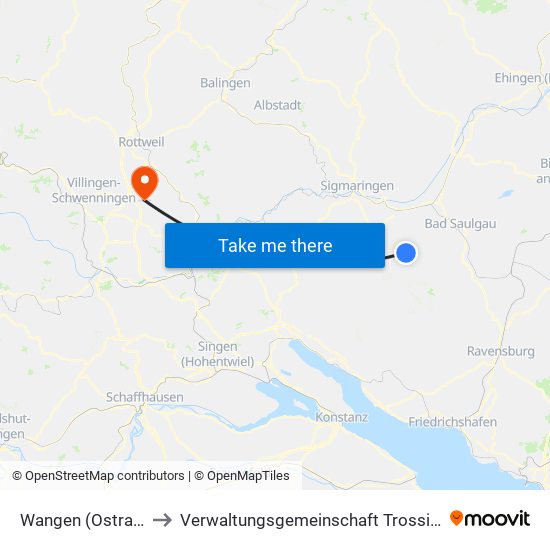 Wangen (Ostrach) to Verwaltungsgemeinschaft Trossingen map