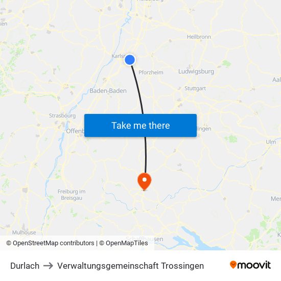 Durlach to Verwaltungsgemeinschaft Trossingen map