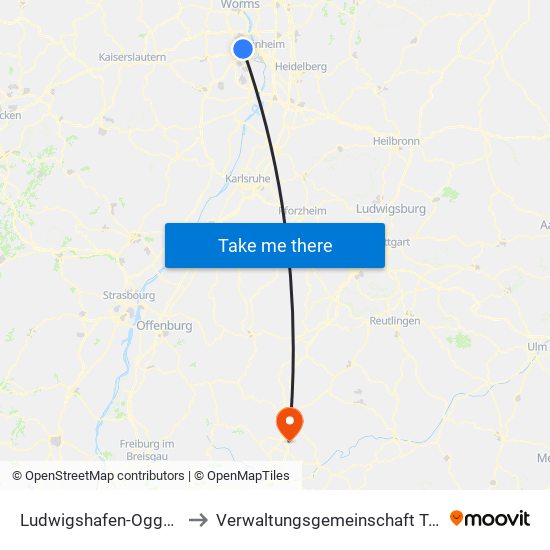 Ludwigshafen-Oggersheim to Verwaltungsgemeinschaft Trossingen map