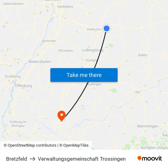 Bretzfeld to Verwaltungsgemeinschaft Trossingen map
