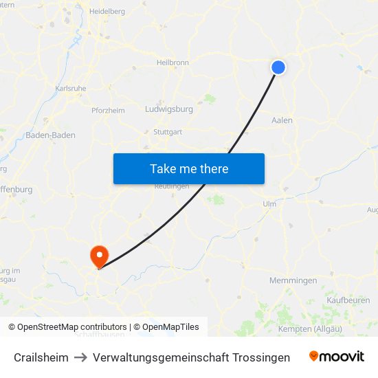 Crailsheim to Verwaltungsgemeinschaft Trossingen map