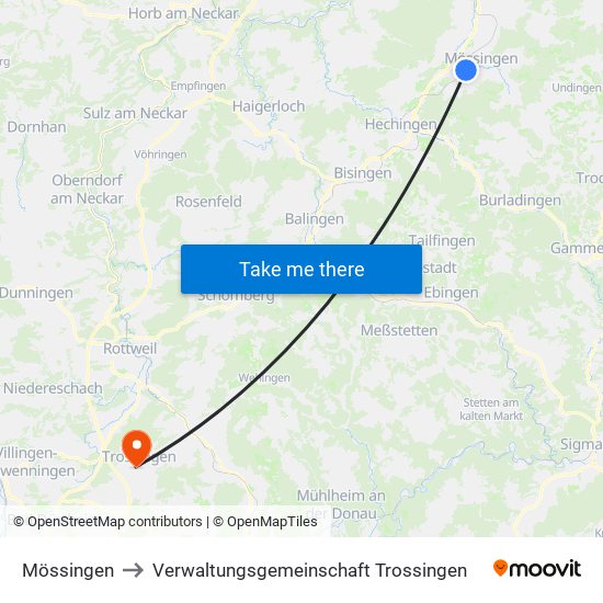 Mössingen to Verwaltungsgemeinschaft Trossingen map