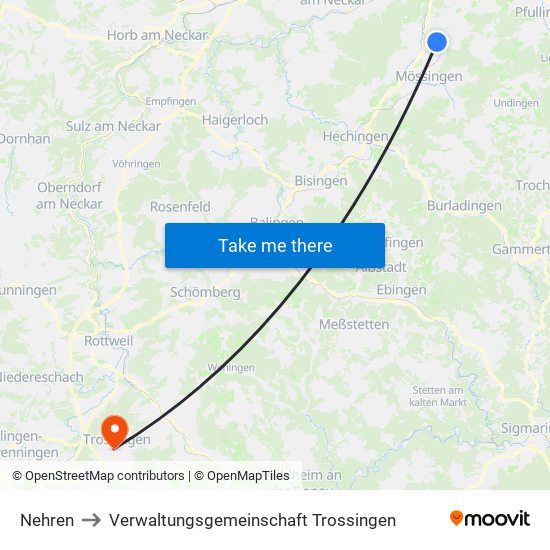 Nehren to Verwaltungsgemeinschaft Trossingen map