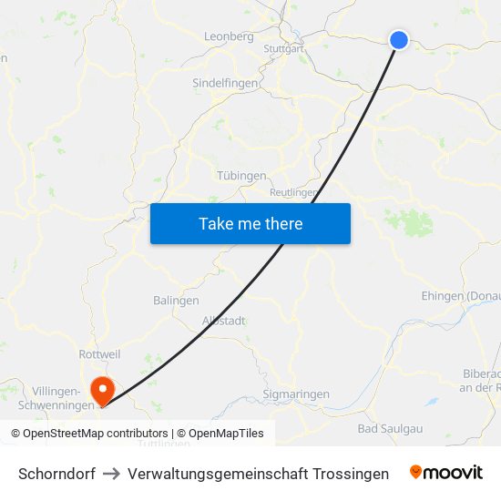 Schorndorf to Verwaltungsgemeinschaft Trossingen map