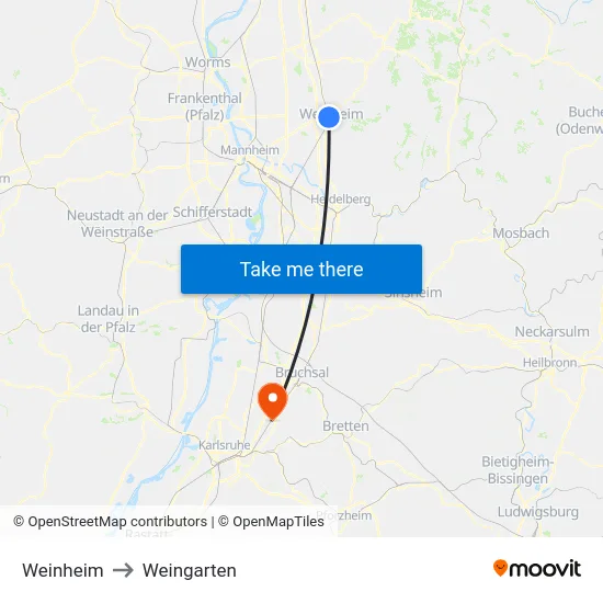 Weinheim to Weingarten map