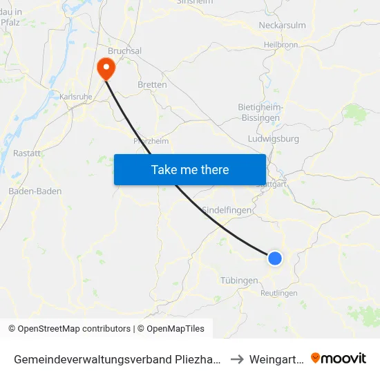 Gemeindeverwaltungsverband Pliezhausen to Weingarten map