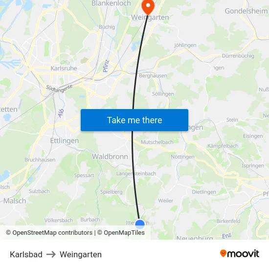 Karlsbad to Weingarten map