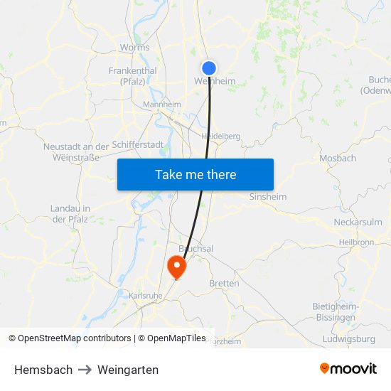 Hemsbach to Weingarten map