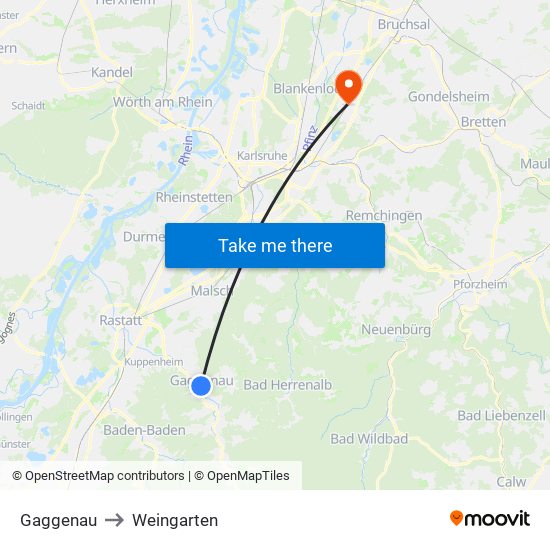 Gaggenau to Weingarten map