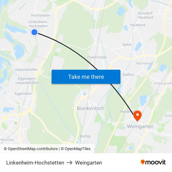 Linkenheim-Hochstetten to Weingarten map