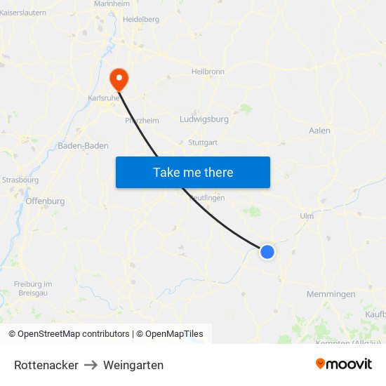 Rottenacker to Weingarten map