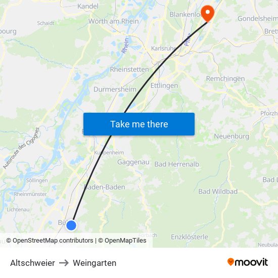 Altschweier to Weingarten map