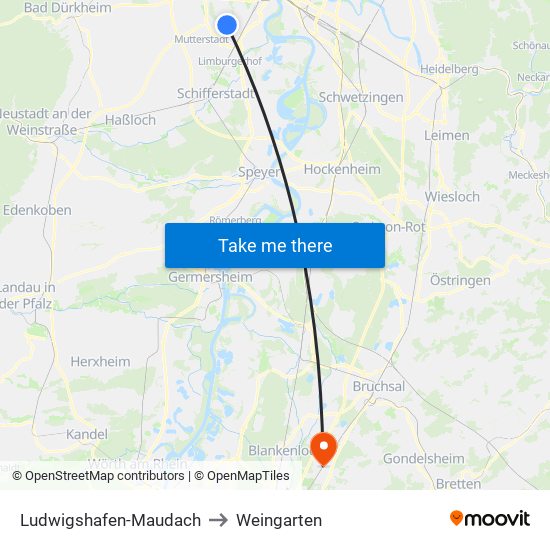 Ludwigshafen-Maudach to Weingarten map