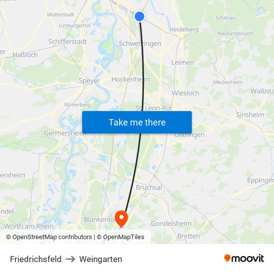 Friedrichsfeld to Weingarten map