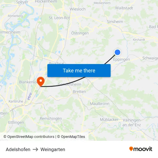 Adelshofen to Weingarten map