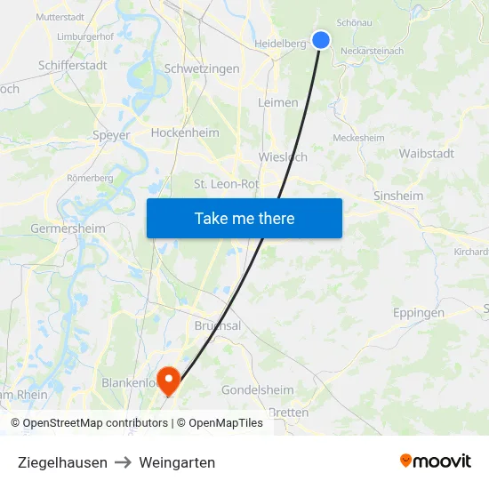 Ziegelhausen to Weingarten map