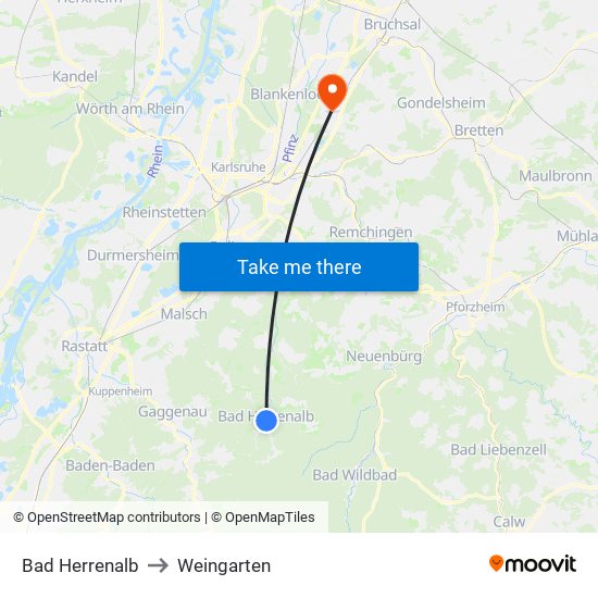 Bad Herrenalb to Weingarten map