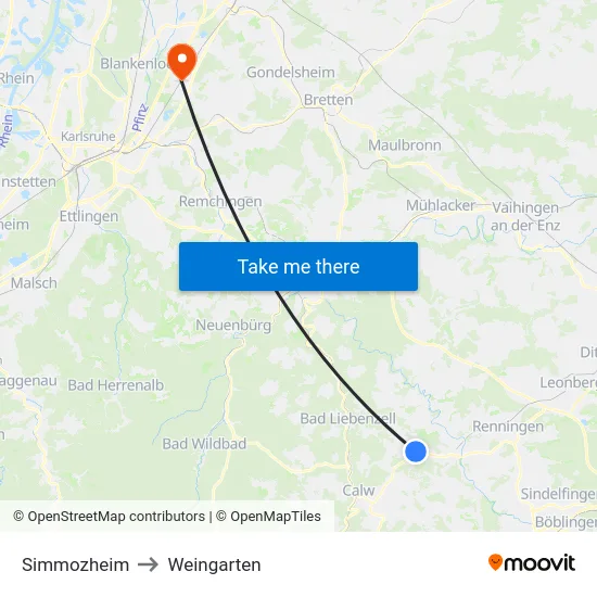 Simmozheim to Weingarten map