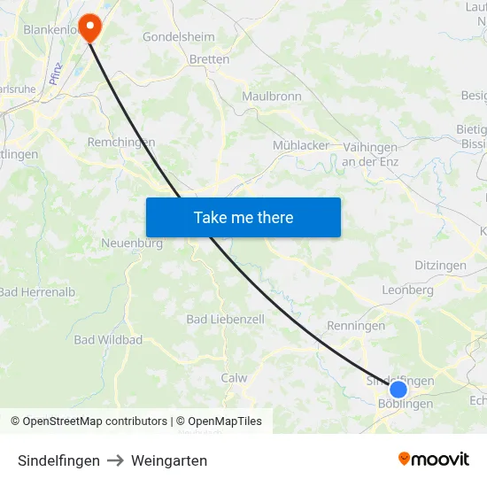Sindelfingen to Weingarten map