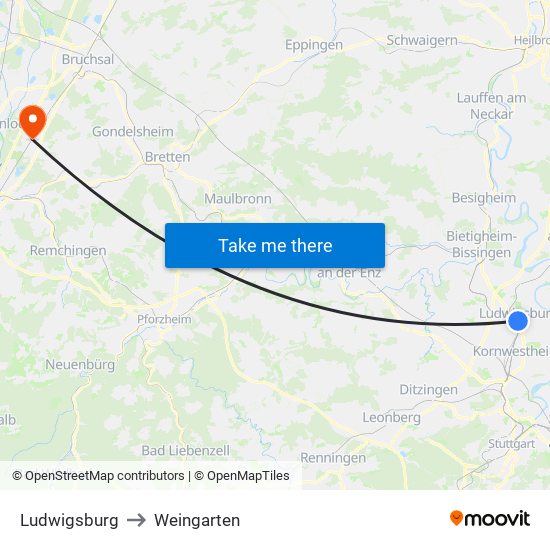 Ludwigsburg to Weingarten map