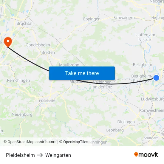 Pleidelsheim to Weingarten map