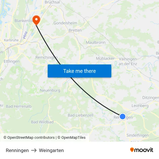 Renningen to Weingarten map