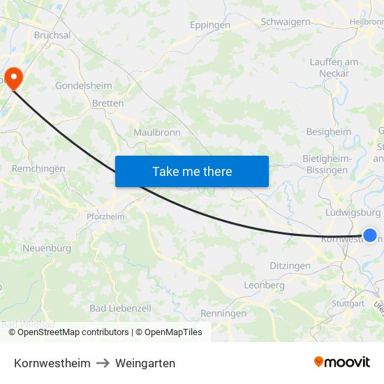 Kornwestheim to Weingarten map