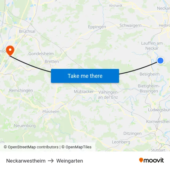 Neckarwestheim to Weingarten map