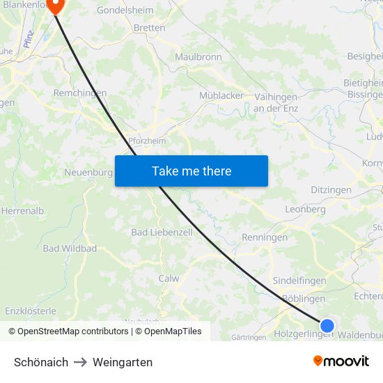 Schönaich to Weingarten map