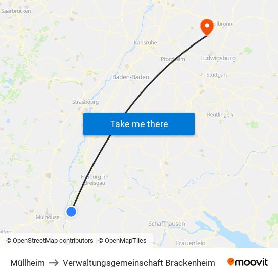 Müllheim to Verwaltungsgemeinschaft Brackenheim map