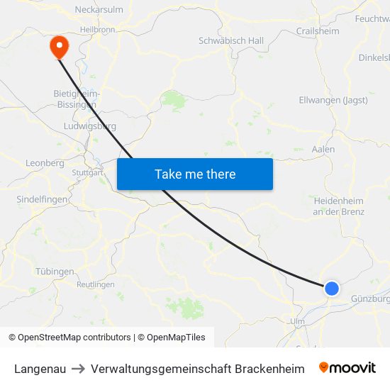 Langenau to Verwaltungsgemeinschaft Brackenheim map