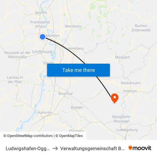 Ludwigshafen-Oggersheim to Verwaltungsgemeinschaft Brackenheim map