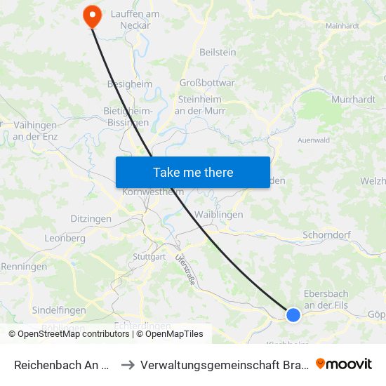 Reichenbach An Der Fils to Verwaltungsgemeinschaft Brackenheim map