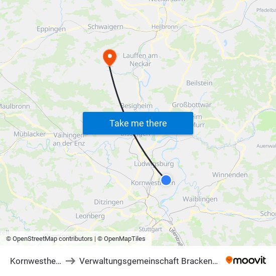 Kornwestheim to Verwaltungsgemeinschaft Brackenheim map