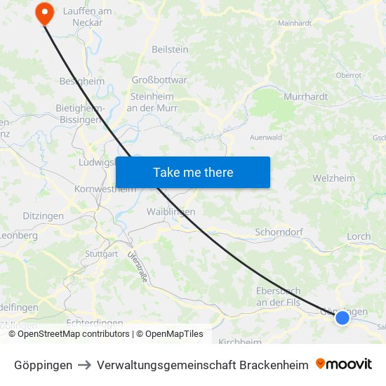 Göppingen to Verwaltungsgemeinschaft Brackenheim map