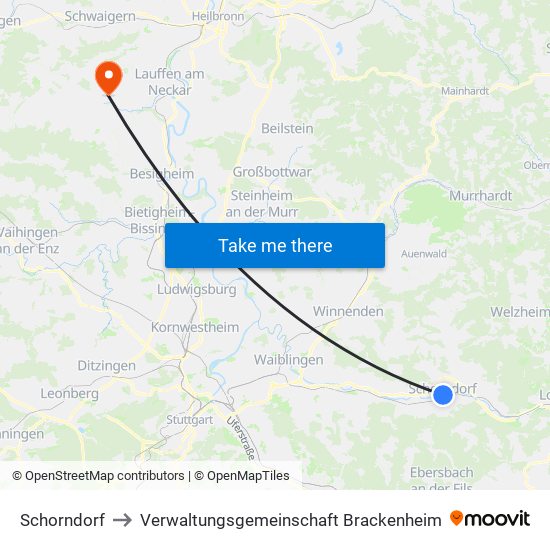 Schorndorf to Verwaltungsgemeinschaft Brackenheim map
