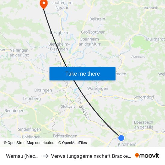 Wernau (Neckar) to Verwaltungsgemeinschaft Brackenheim map