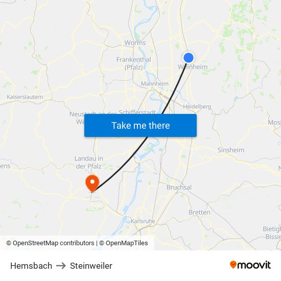 Hemsbach to Steinweiler map