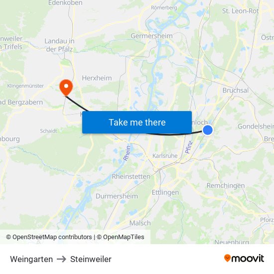 Weingarten to Steinweiler map
