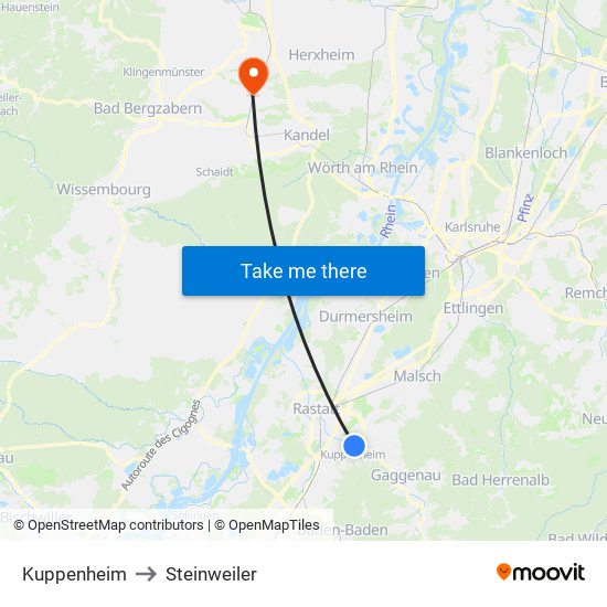 Kuppenheim to Steinweiler map