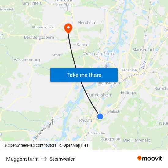 Muggensturm to Steinweiler map