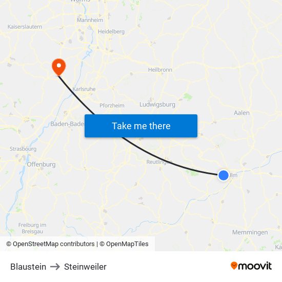 Blaustein to Steinweiler map