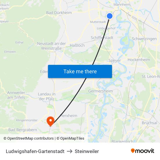 Ludwigshafen-Gartenstadt to Steinweiler map