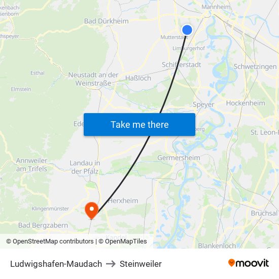 Ludwigshafen-Maudach to Steinweiler map