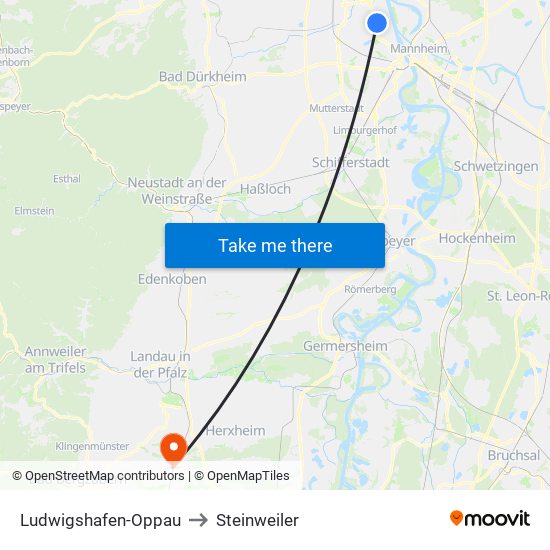 Ludwigshafen-Oppau to Steinweiler map