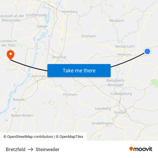 Bretzfeld to Steinweiler map