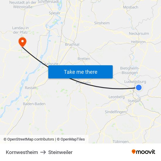 Kornwestheim to Steinweiler map