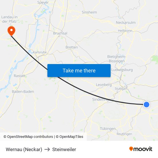 Wernau (Neckar) to Steinweiler map