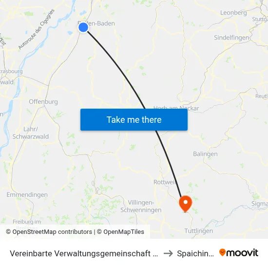 Vereinbarte Verwaltungsgemeinschaft Sinzheim to Spaichingen map